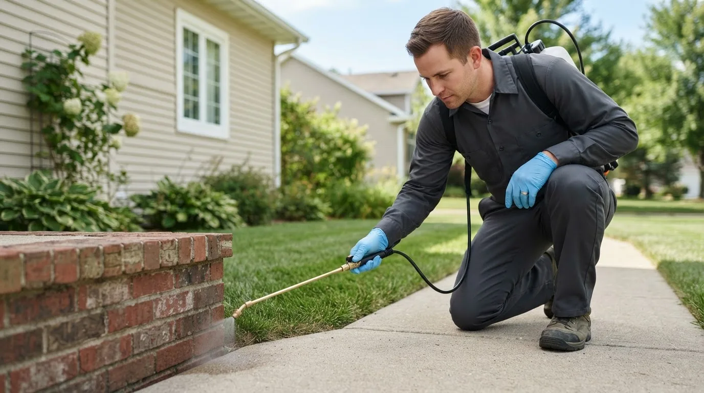 Pest control technician treating a home near Richford, NY